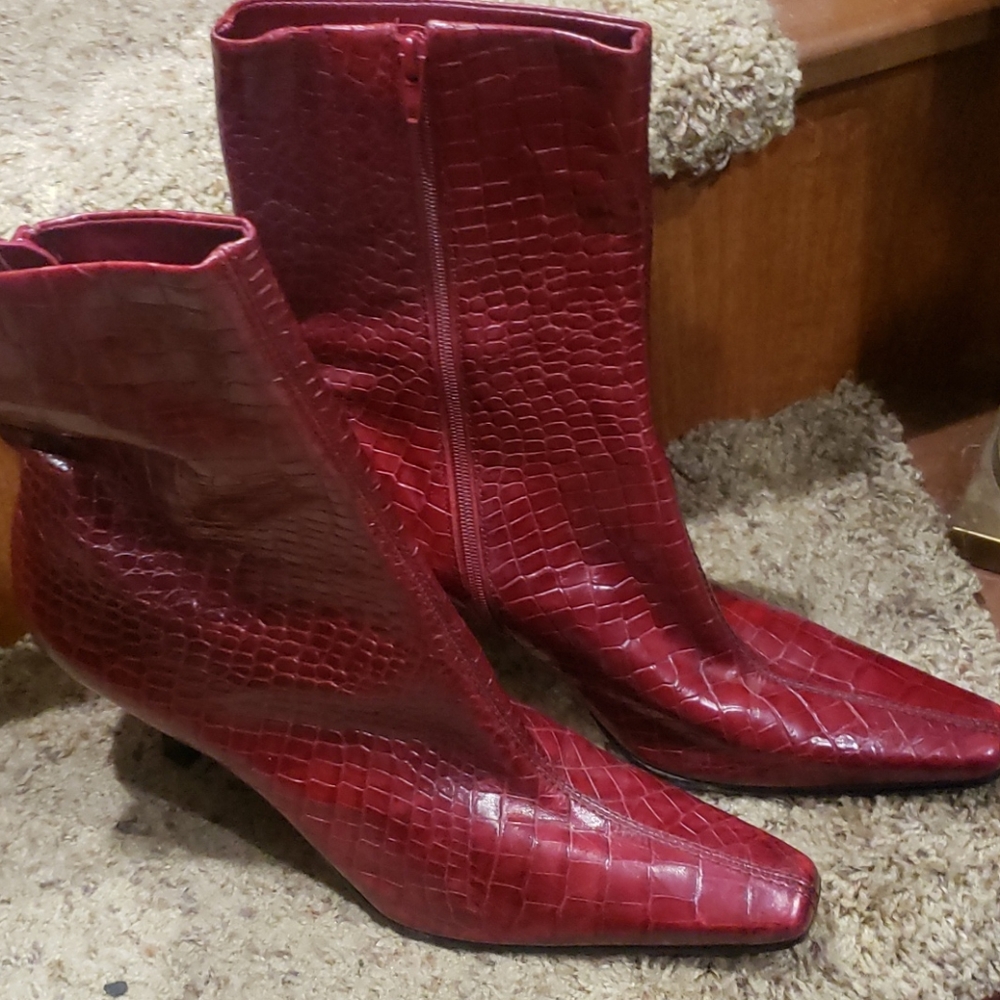 Ladies Deep Red Leather Aligator Print Booties
